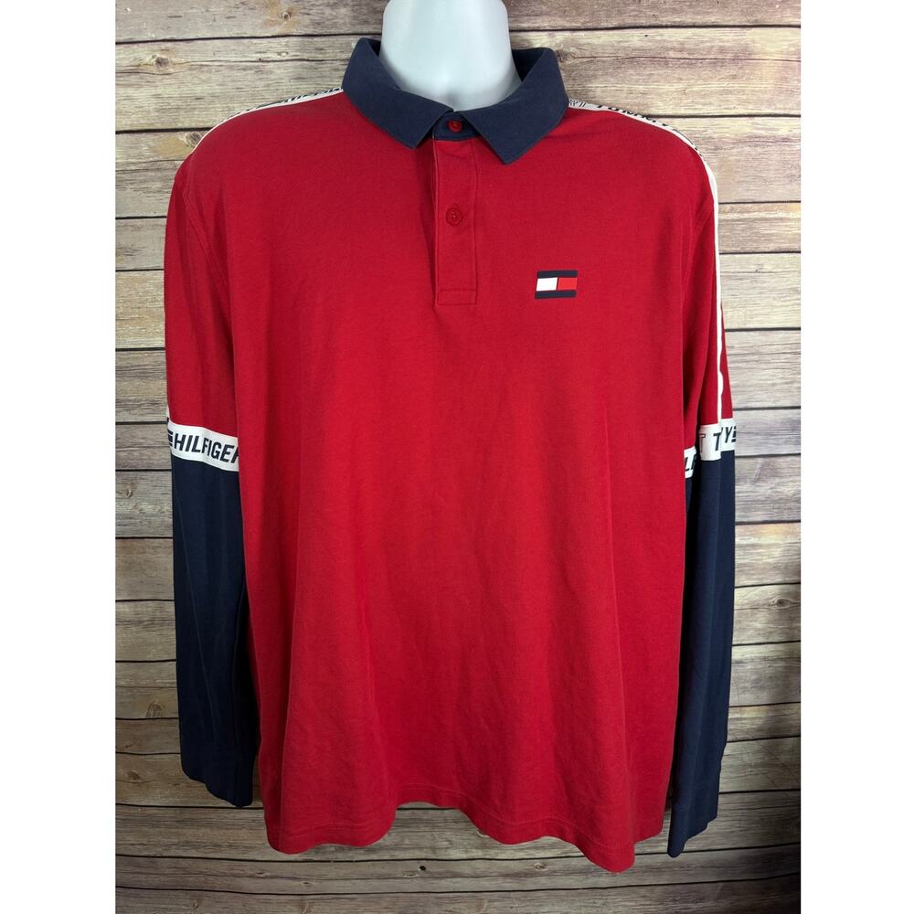 Tommy Hilfiger Long Sleeve Polo Shirt Red White Blue Mens Size XL Collared